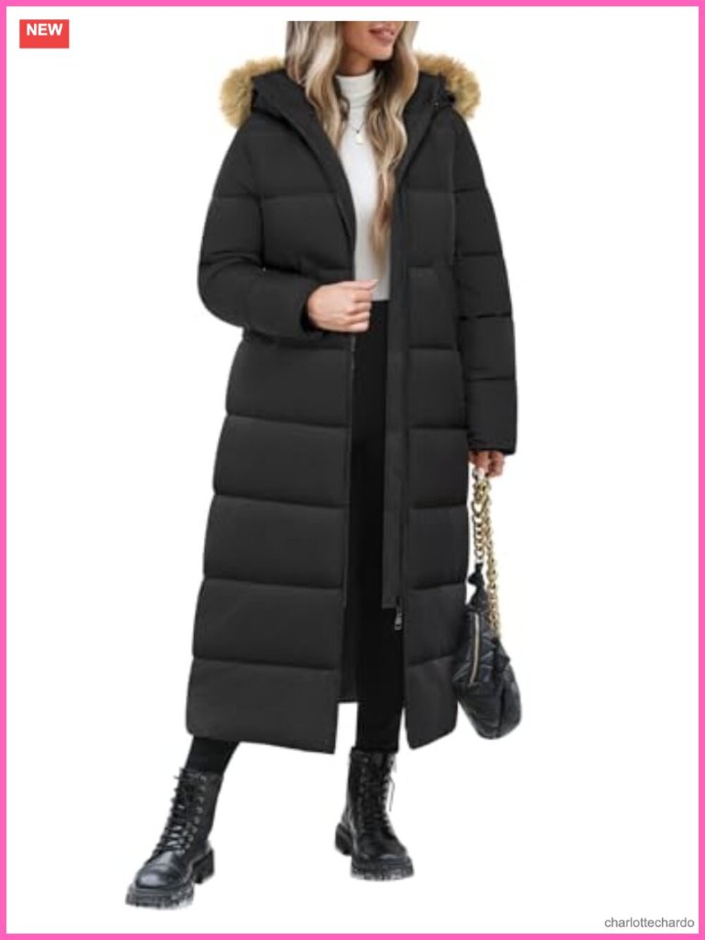 Long Puffer Coat Womens Winter Quilted Jacket Faux Fur Hood Outerwear